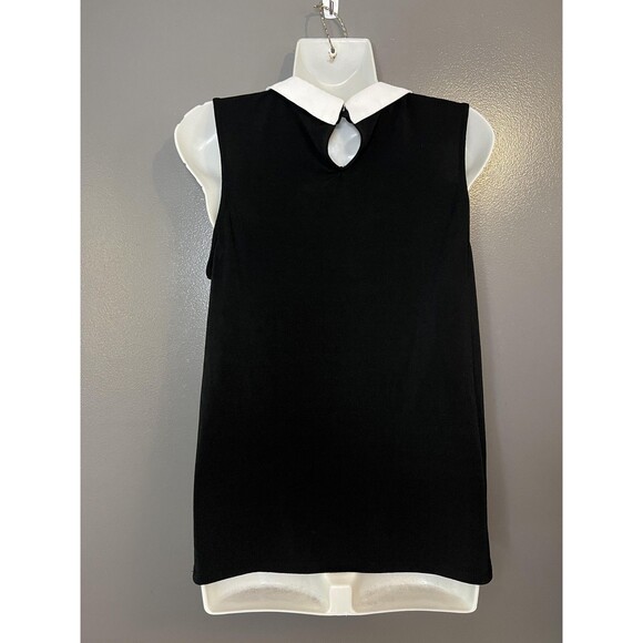 ELLE Shirt Womens Small Black White Peter Pan Collar Tie Neck Sleeveless Top - Picture 4 of 7